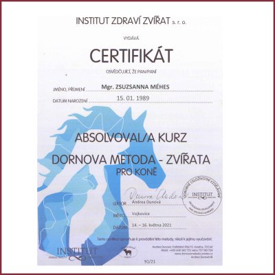 Certifikát - Dornova metoda pro kone